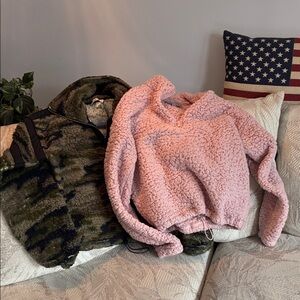 Two Cozy Sherpa Pink & Green and black Pullover 1/4 Zip